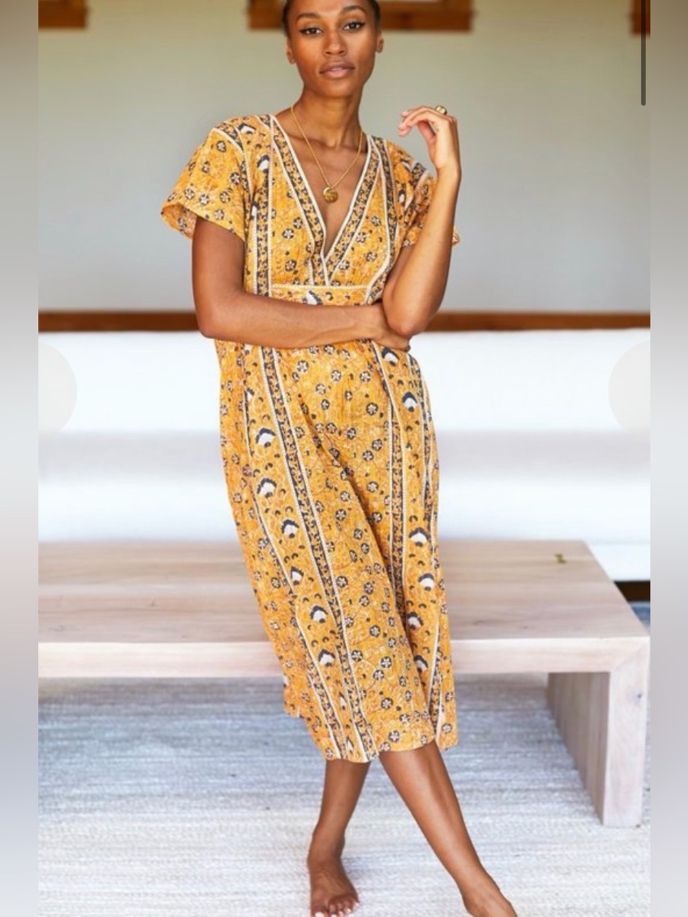 EMERSON FRY • Yellow Floral Cotton Kaftan Dress V-Neck Short Sleeve OS.